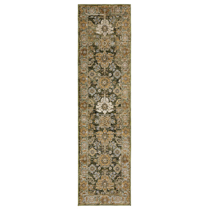 Andorra 2417B Green/Gold Area Rug, green gold modern traditional area rug with vintage-inspired pattern and dense soft pile.