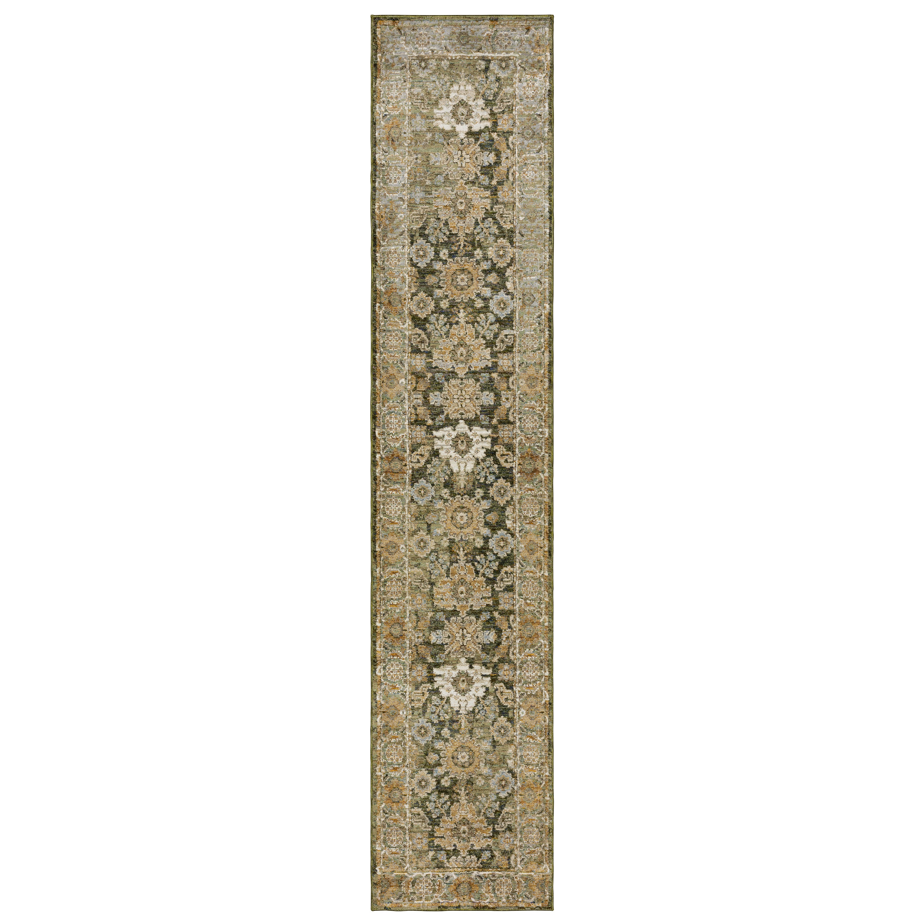 Andorra 2417B Green/Gold Area Rug, green gold modern traditional area rug with vintage-inspired pattern and dense soft pile.