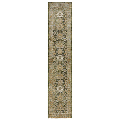 Andorra 2417B Green/Gold Area Rug, green gold modern traditional area rug with vintage-inspired pattern and dense soft pile.