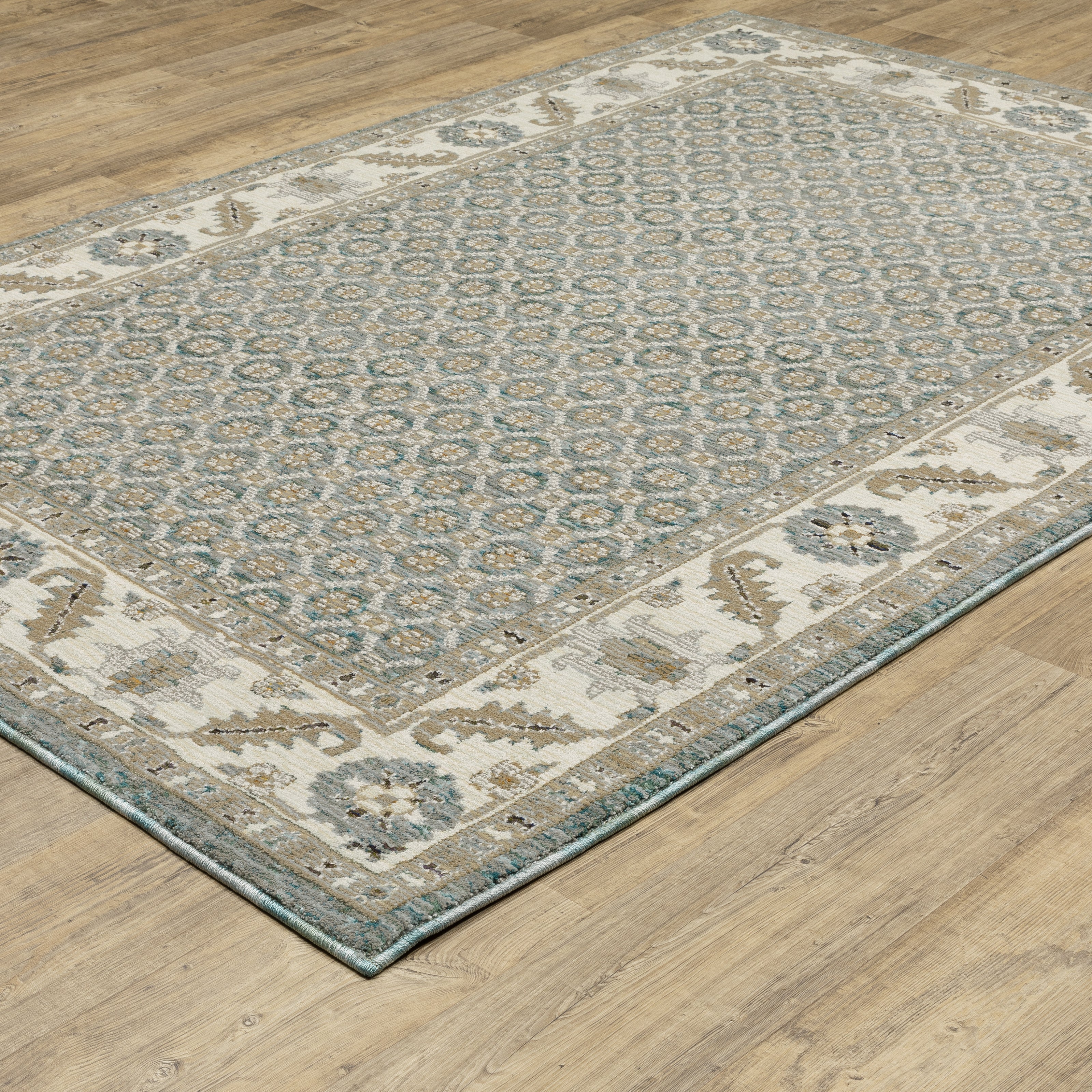 Andorra 2429A Blue/Ivory Area Rug, blue ivory modern traditional area rug with vintage-inspired pattern and dense soft pile.