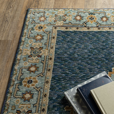 Andorra 2430A Blue/Gold Area Rug, blue gold modern traditional area rug with rich vintage-inspired pattern and soft dense pile.