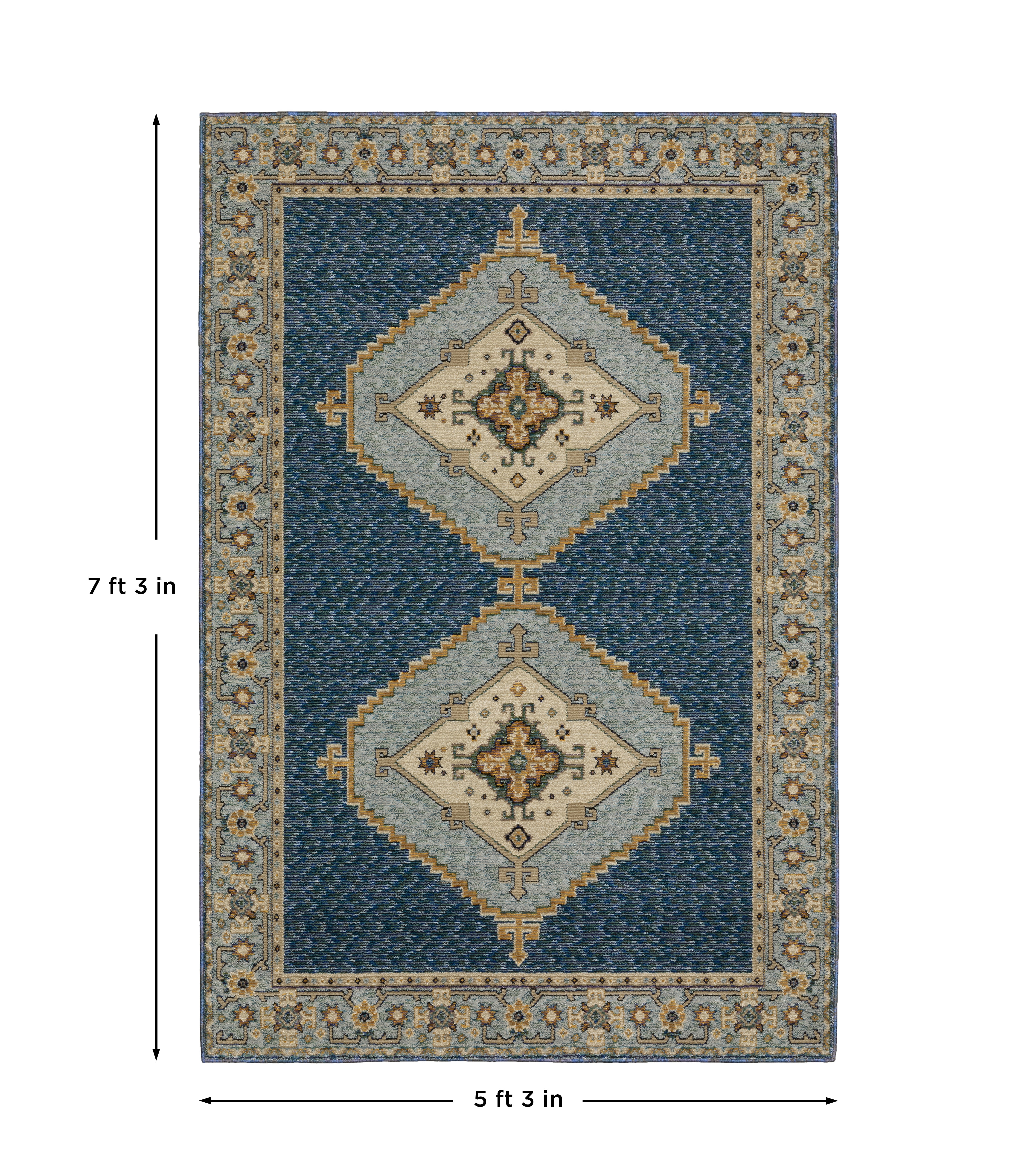 Andorra 2430A Blue/Gold Area Rug, blue gold modern traditional area rug with rich vintage-inspired pattern and soft dense pile.