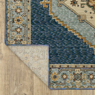 Andorra 2430A Blue/Gold Area Rug, blue gold modern traditional area rug with rich vintage-inspired pattern and soft dense pile.
