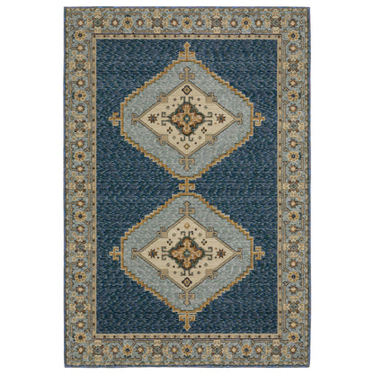 Andorra 2430A Blue/Gold Area Rug, blue gold modern traditional area rug with rich vintage-inspired pattern and soft dense pile.