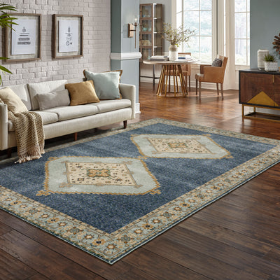 Andorra 2430A Blue/Gold Area Rug, blue gold modern traditional area rug with rich vintage-inspired pattern and soft dense pile.