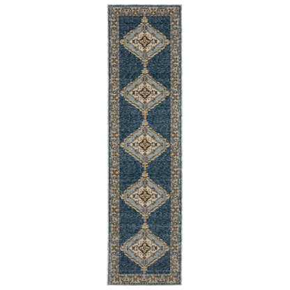 Andorra 2430A Blue/Gold Area Rug, blue gold modern traditional area rug with rich vintage-inspired pattern and soft dense pile.