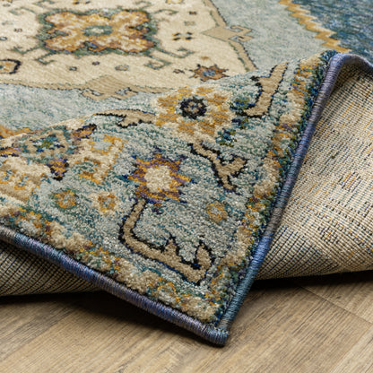 Andorra 2430A Blue/Gold Area Rug, blue gold modern traditional area rug with rich vintage-inspired pattern and soft dense pile.
