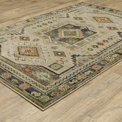 Andorra 2442D Grey/Green Area Rug, grey green modern traditional area rug with vintage-inspired pattern and plush dense pile.