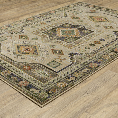 Andorra 2442D Grey/Green Area Rug, grey green modern traditional area rug with vintage-inspired pattern and plush dense pile.