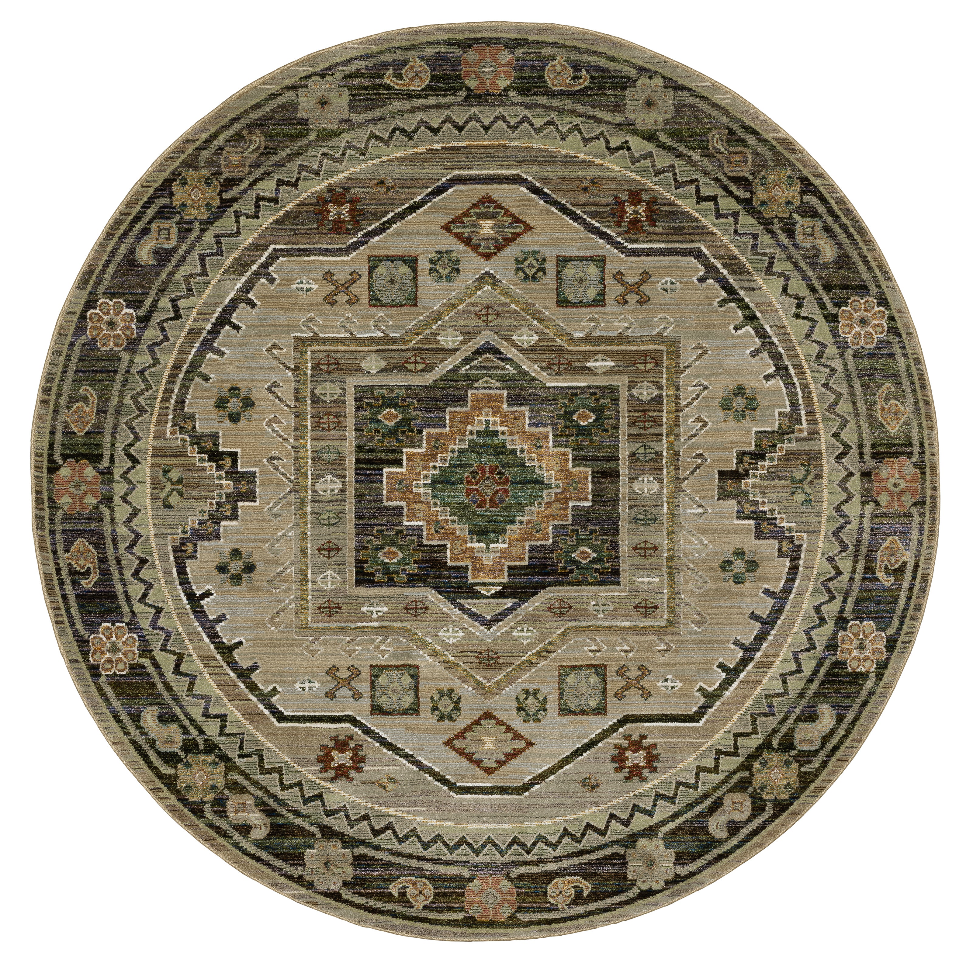 Andorra 2442D Grey/Green Area Rug, grey green modern traditional area rug with vintage-inspired pattern and plush dense pile.