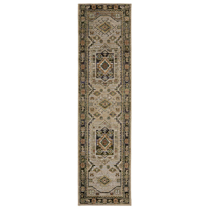Andorra 2442D Grey/Green Area Rug, grey green modern traditional area rug with vintage-inspired pattern and plush dense pile.