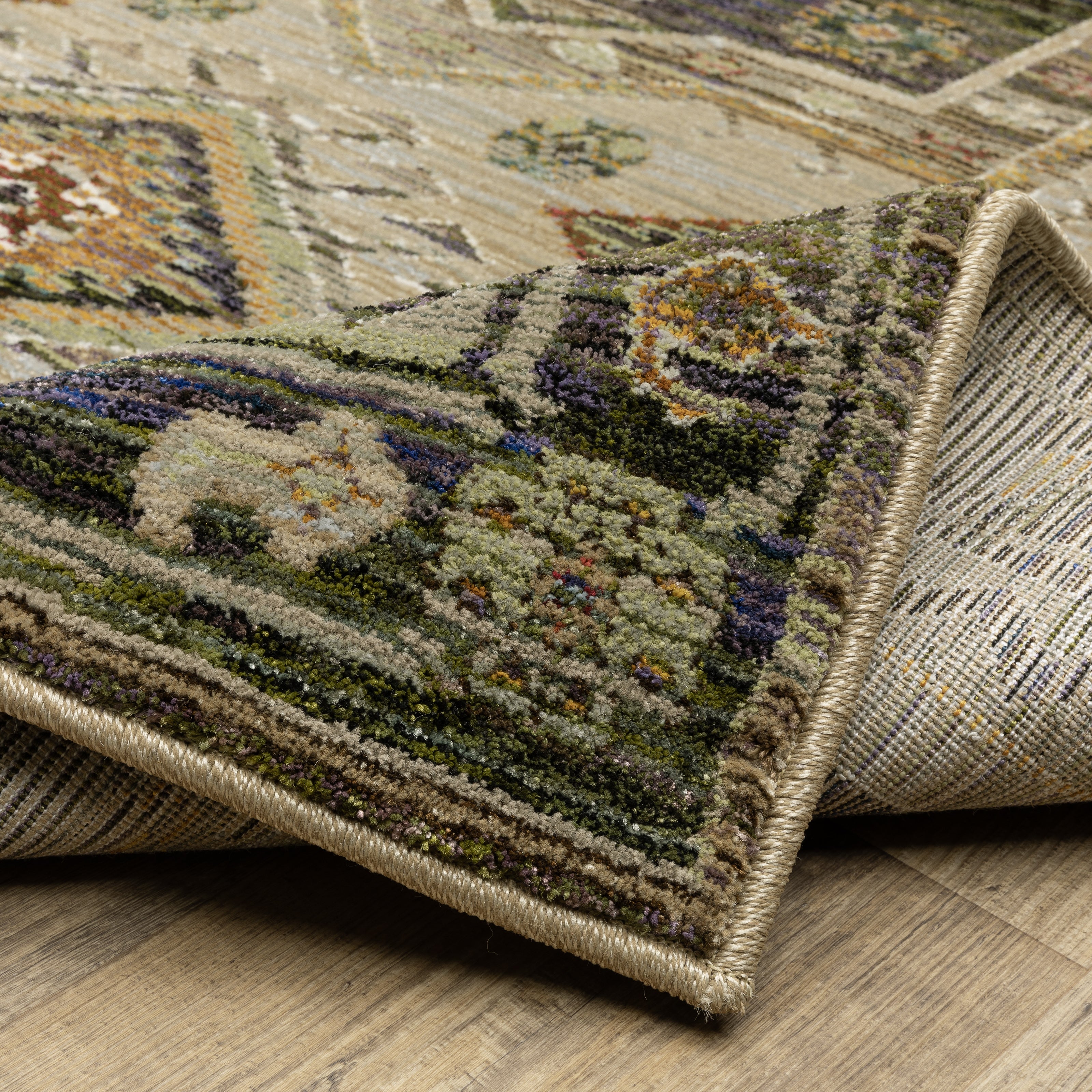 Andorra 2442D Grey/Green Area Rug, grey green modern traditional area rug with vintage-inspired pattern and plush dense pile.