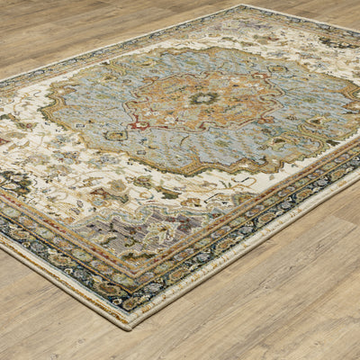 Andorra 2451B Ivory/Blue Area Rug, ivory blue modern traditional area rug with vintage-inspired pattern and refined soft pile.