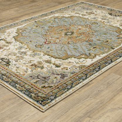 Andorra 2451B Ivory/Blue Area Rug, ivory blue modern traditional area rug with vintage-inspired pattern and refined soft pile.