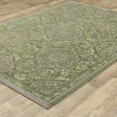 Andorra 3709C Green/Gold Area Rug, green gold modern traditional area rug with jewel-toned vintage-inspired pattern and dense pile.