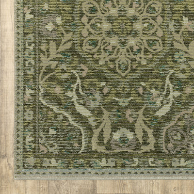 Andorra 3709C Green/Gold Area Rug, green gold modern traditional area rug with jewel-toned vintage-inspired pattern and dense pile.