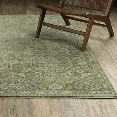 Andorra 3709C Green/Gold Area Rug, green gold modern traditional area rug with jewel-toned vintage-inspired pattern and dense pile.