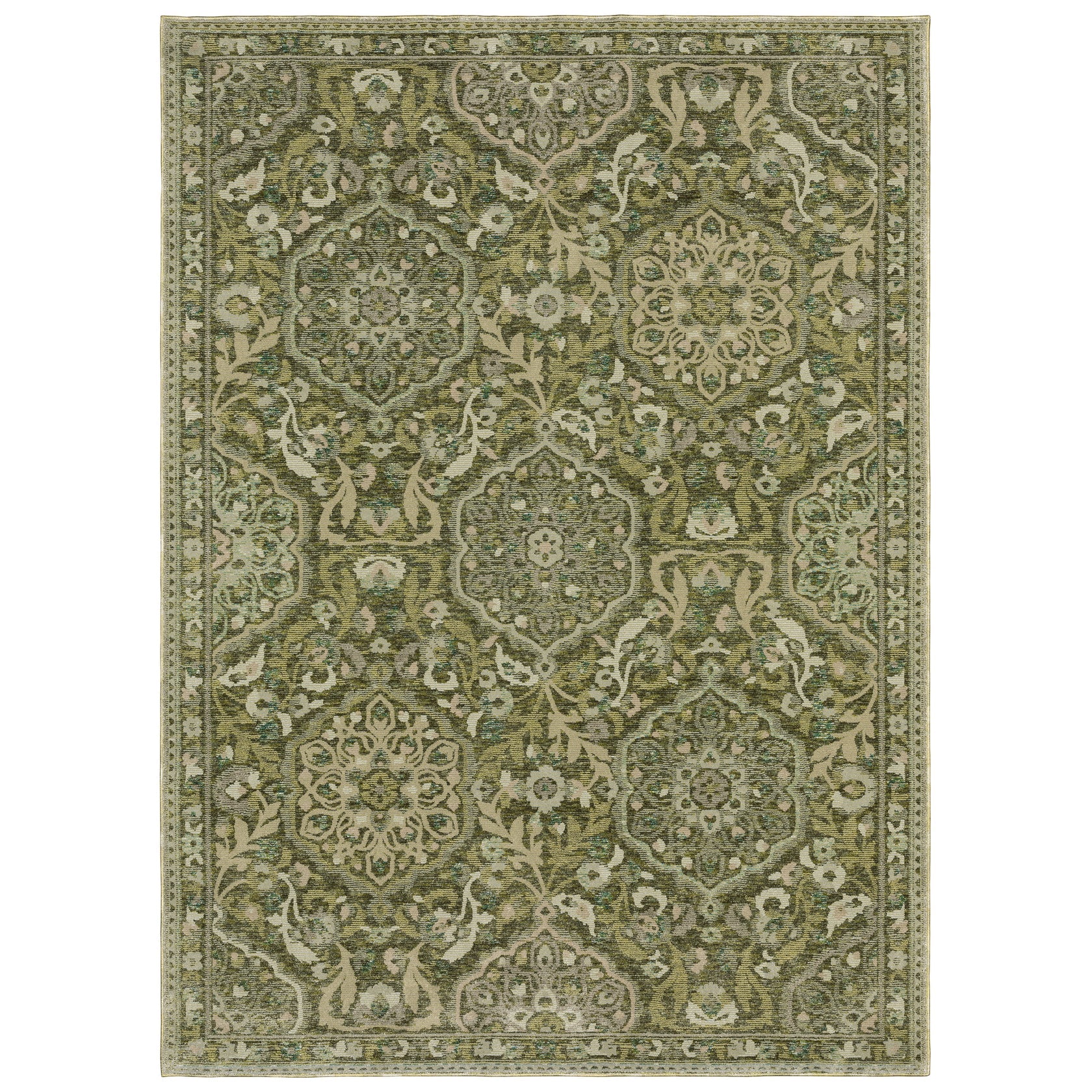 Andorra 3709C Green/Gold Area Rug, green gold modern traditional area rug with jewel-toned vintage-inspired pattern and dense pile.
