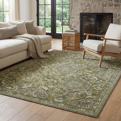 Andorra 3709C Green/Gold Area Rug, green gold modern traditional area rug with jewel-toned vintage-inspired pattern and dense pile.