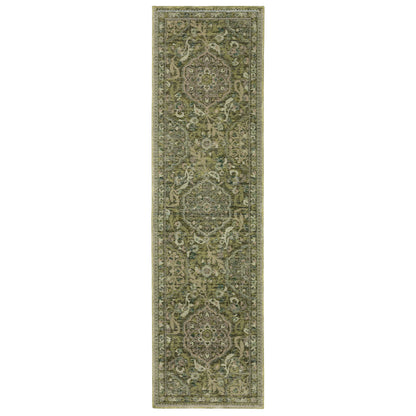Andorra 3709C Green/Gold Area Rug, green gold modern traditional area rug with jewel-toned vintage-inspired pattern and dense pile.