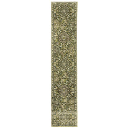 Andorra 3709C Green/Gold Area Rug, green gold modern traditional area rug with jewel-toned vintage-inspired pattern and dense pile.
