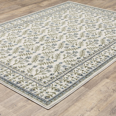 Andorra 3717C Ivory/Blue Area Rug, ivory blue modern traditional area rug with vintage-inspired design and plush dense pile.