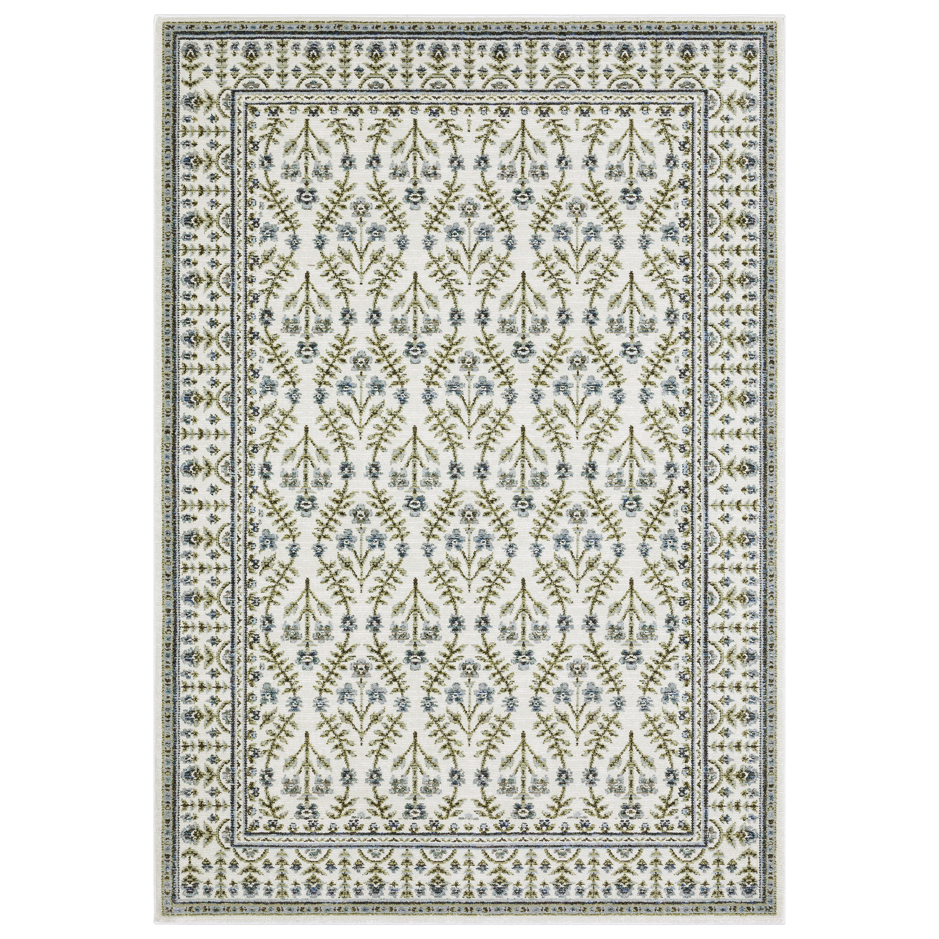 Andorra 3717C Ivory/Blue Area Rug, ivory blue modern traditional area rug with vintage-inspired design and plush dense pile.