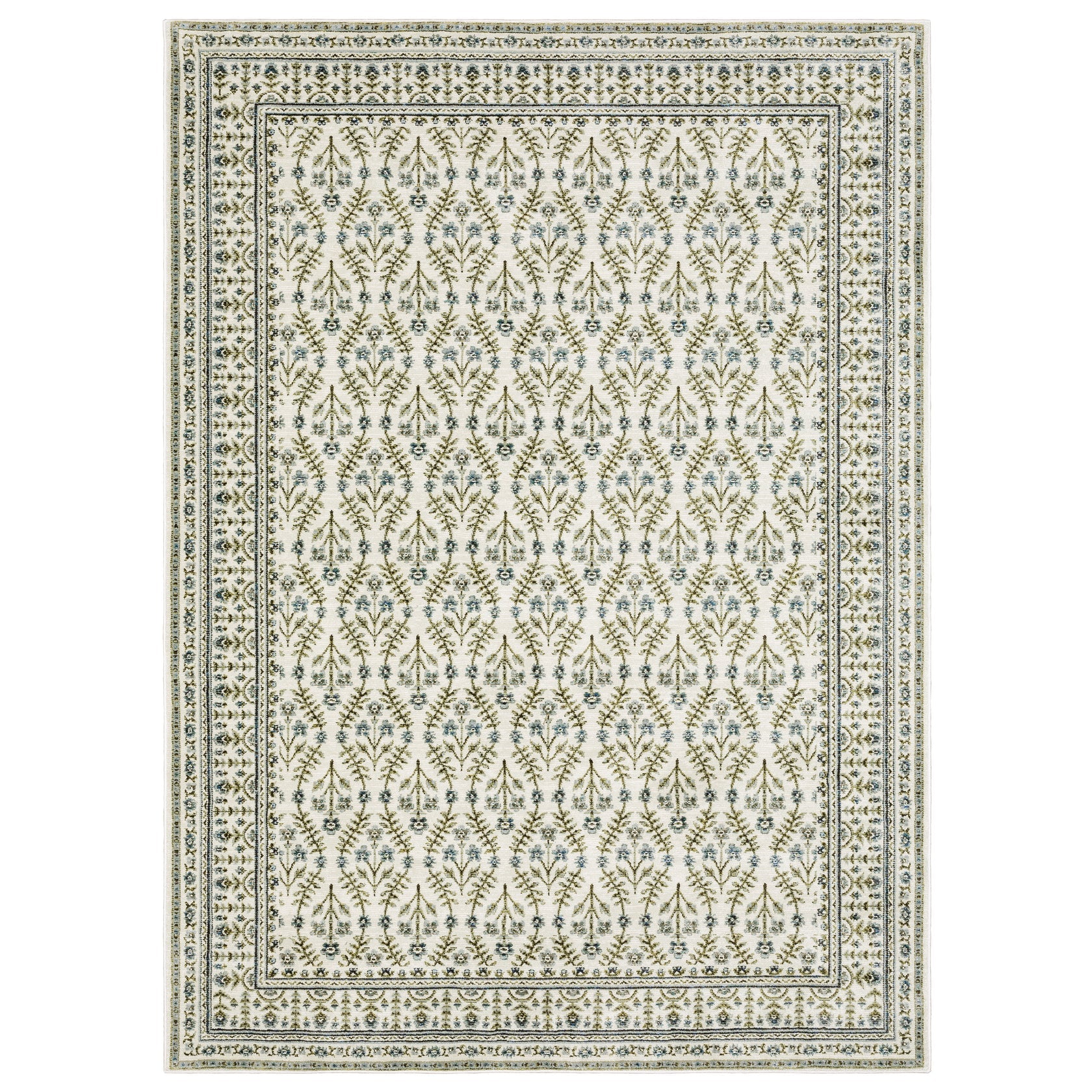 Andorra 3717C Ivory/Blue Area Rug, ivory blue modern traditional area rug with vintage-inspired design and plush dense pile.