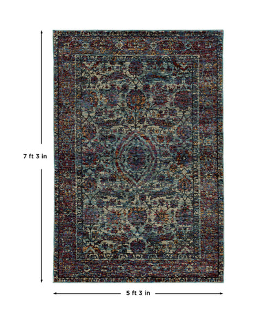 Andorra 6846B Blue/Purple Area Rug, blue purple modern traditional area rug with dramatic vintage-inspired pattern and dense pile.