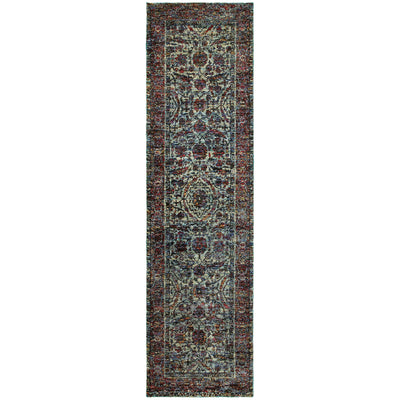 Andorra 6846B Blue/Purple Area Rug, blue purple modern traditional area rug with dramatic vintage-inspired pattern and dense pile.