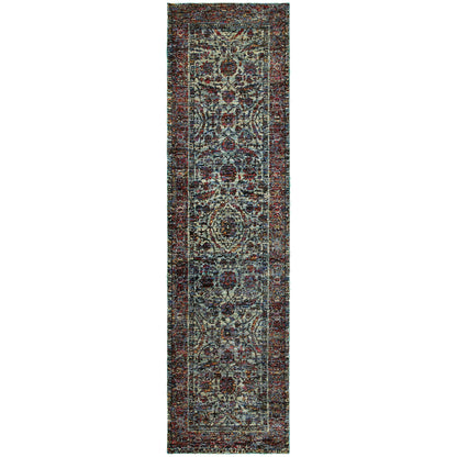 Andorra 6846B Blue/Purple Area Rug, blue purple modern traditional area rug with dramatic vintage-inspired pattern and dense pile.