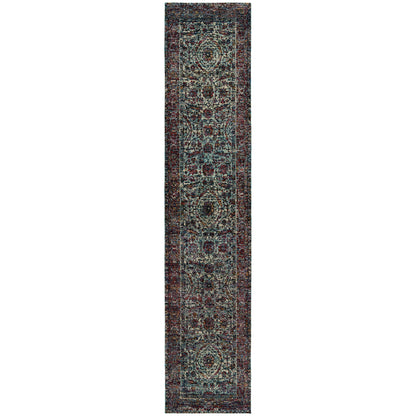 Andorra 6846B Blue/Purple Area Rug, blue purple modern traditional area rug with dramatic vintage-inspired pattern and dense pile.