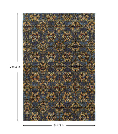 Andorra 6883C Blue/Gold Area Rug, blue gold modern traditional area rug with vintage-inspired design and dense soft pile.