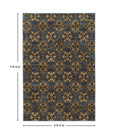 Andorra 6883C Blue/Gold Area Rug, blue gold modern traditional area rug with vintage-inspired design and dense soft pile.