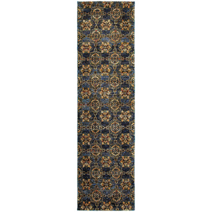 Andorra 6883C Blue/Gold Area Rug, blue gold modern traditional area rug with vintage-inspired design and dense soft pile.