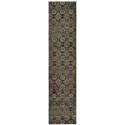 Andorra 6883C Blue/Gold Area Rug, blue gold modern traditional area rug with vintage-inspired design and dense soft pile.