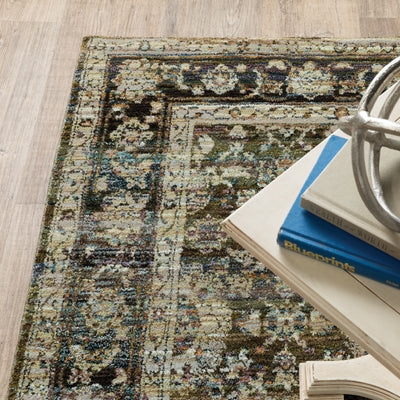 Andorra 7125C Green/Brown Area Rug, green, brown modern traditional area rug with earthy vintage-inspired pattern and dense pile.