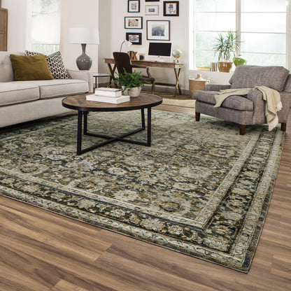 Andorra 7125C Green/Brown Area Rug, green, brown modern traditional area rug with earthy vintage-inspired pattern and dense pile.