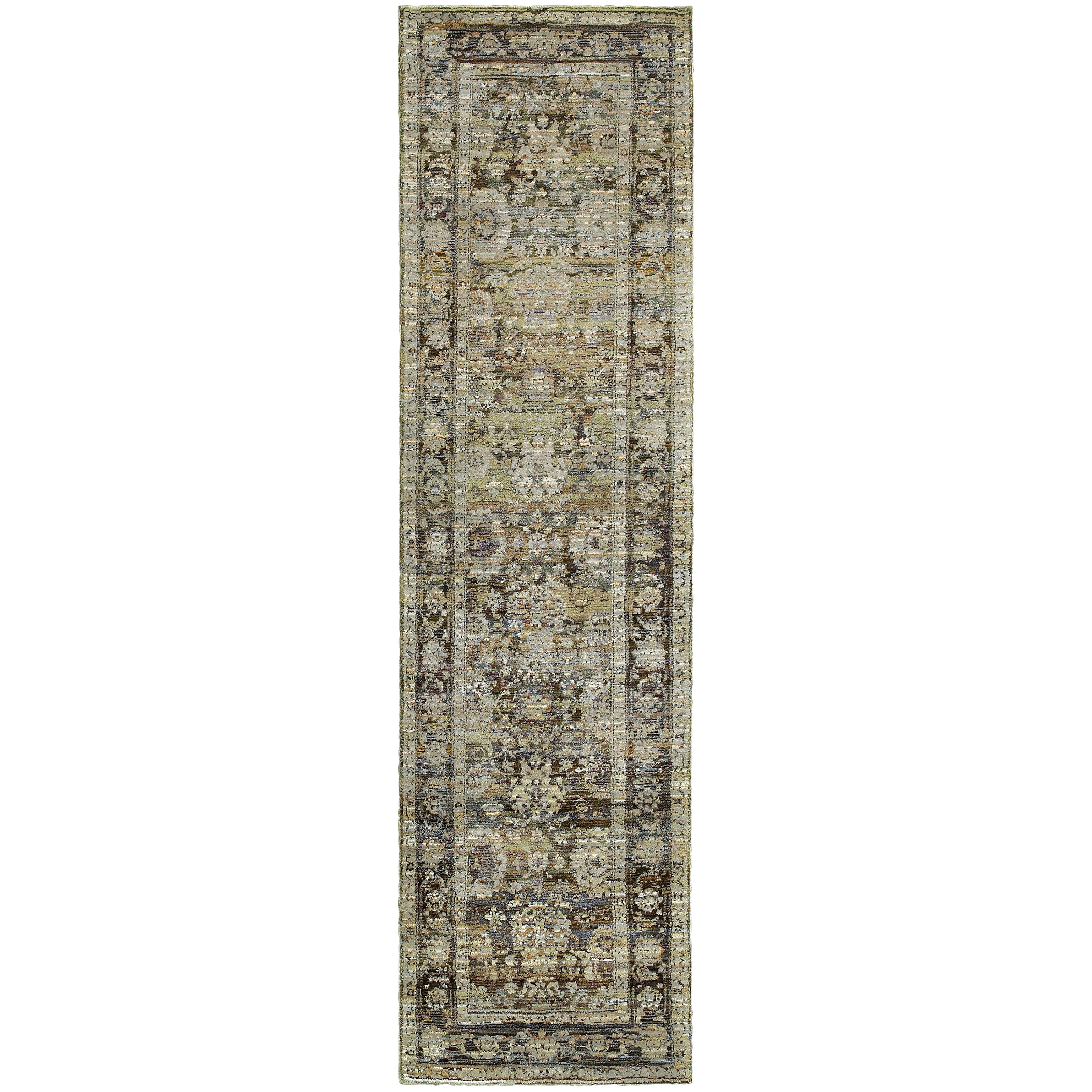 Andorra 7125C Green/Brown Area Rug, green, brown modern traditional area rug with earthy vintage-inspired pattern and dense pile.