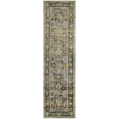 Andorra 7125C Green/Brown Area Rug, green, brown modern traditional area rug with earthy vintage-inspired pattern and dense pile.