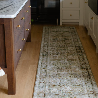 Andorra 7125C Green/Brown Area Rug, green, brown modern traditional area rug with earthy vintage-inspired pattern and dense pile.