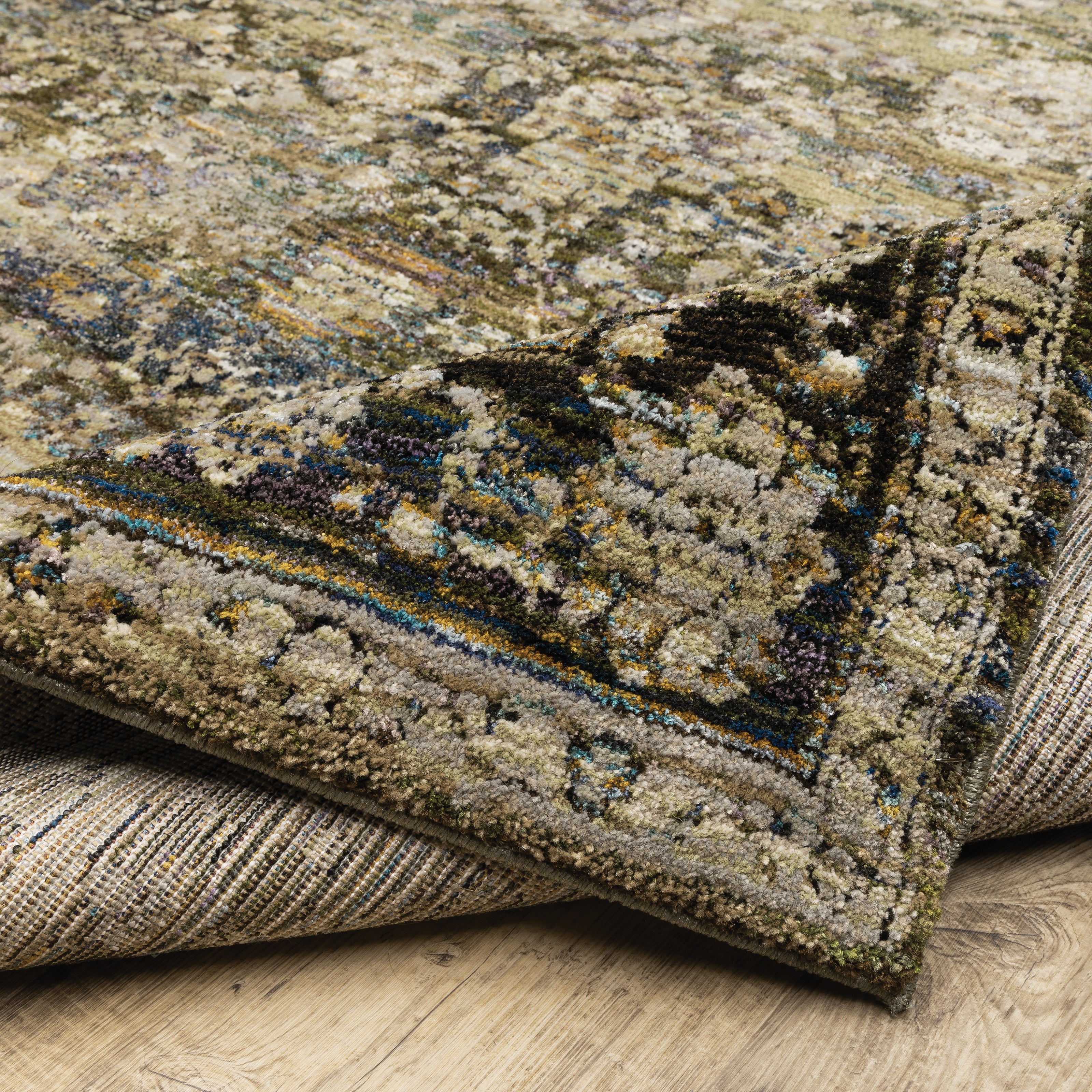Andorra 7125C Green/Brown Area Rug, green, brown modern traditional area rug with earthy vintage-inspired pattern and dense pile.