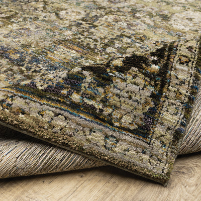 Andorra 7125C Green/Brown Area Rug, green, brown modern traditional area rug with earthy vintage-inspired pattern and dense pile.