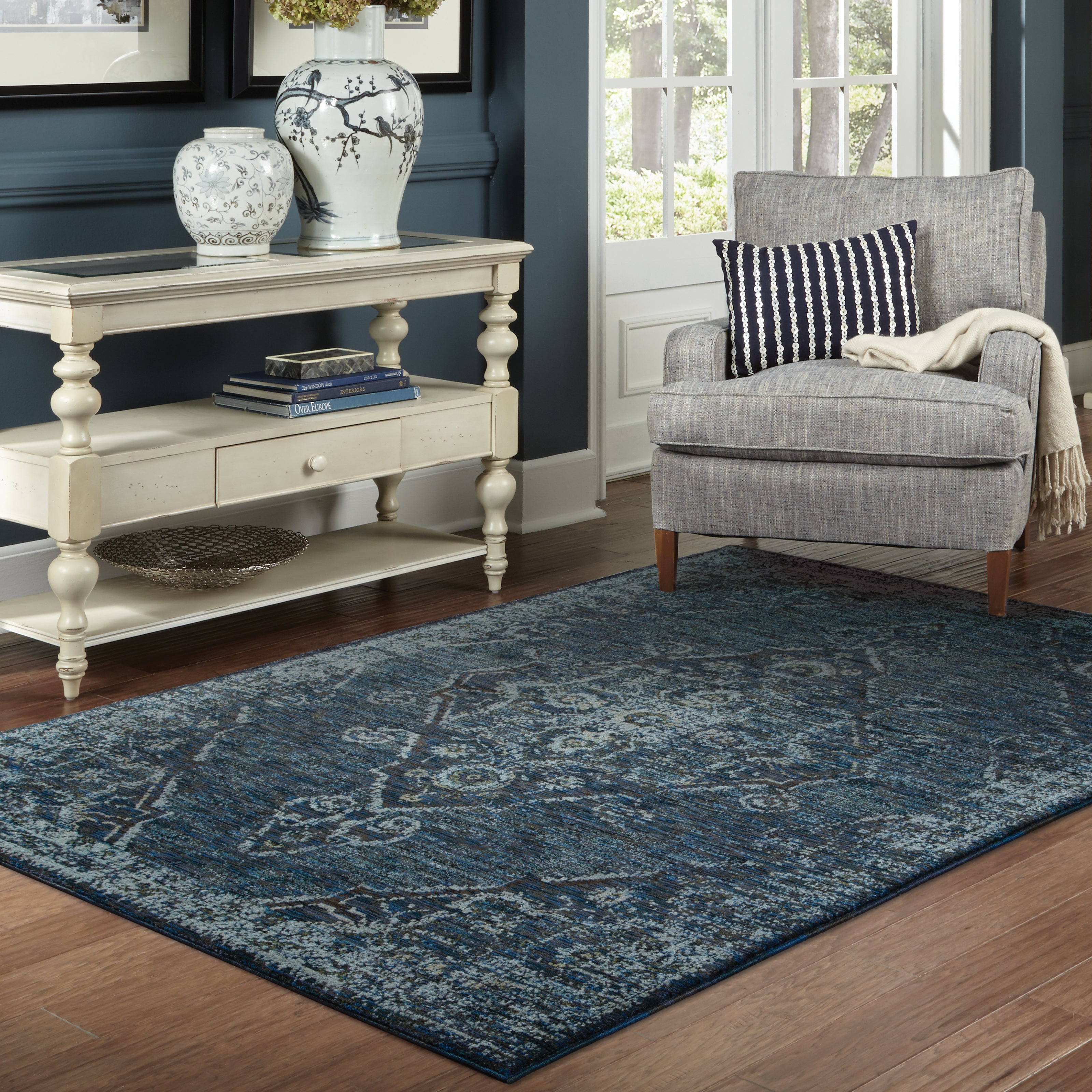 Andorra 7135F Blue/Light Blue Area Rug, blue light blue modern traditional area rug with vintage-style pattern and dense plush pile.