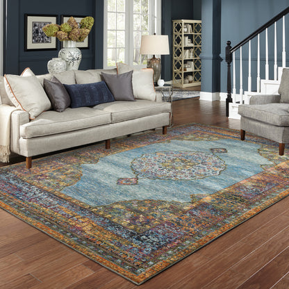 Andorra 7139A Blue/Multi Area Rug, blue multi modern traditional area rug with vibrant vintage-inspired design and dense pile.