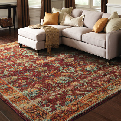 Andorra 7154A Red/Gold Area Rug, red gold modern traditional area rug with jewel-toned vintage-inspired pattern and dense pile.