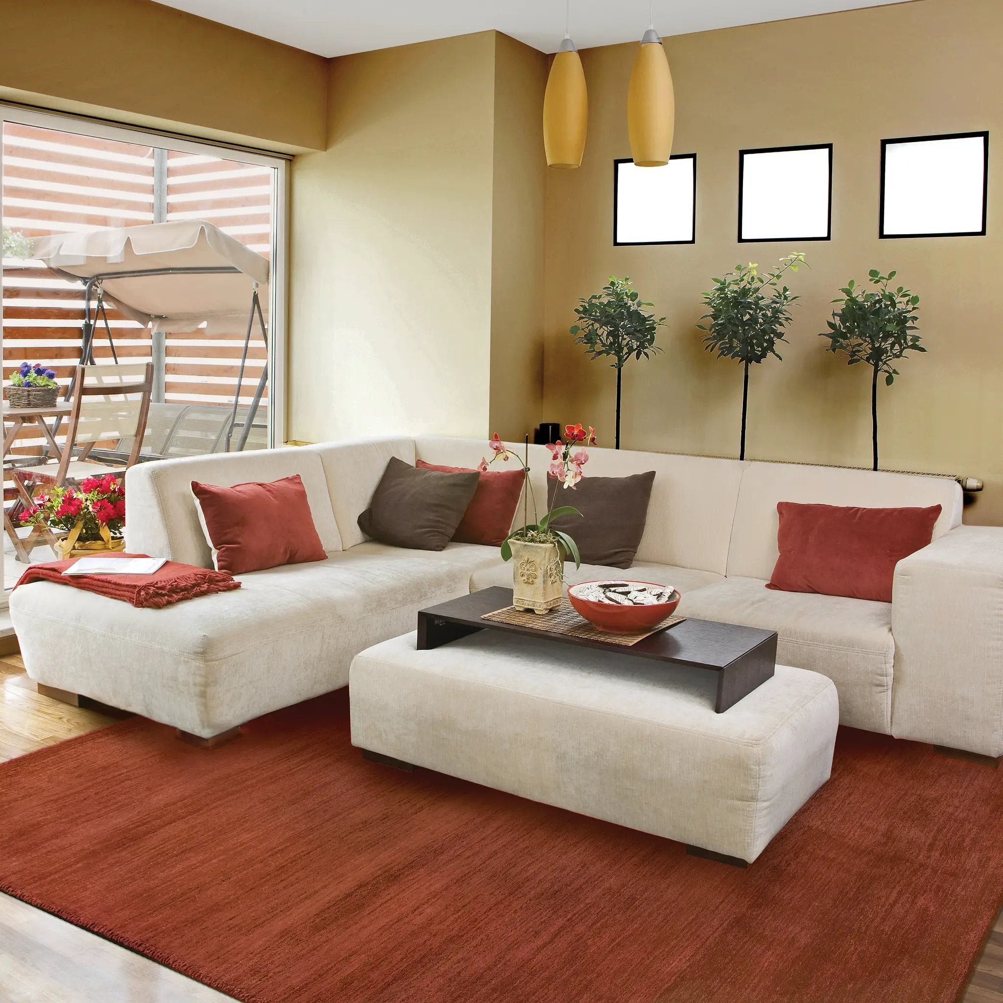 Aniston 27103 Rust Area Rug, rust solid wool area rug with heathered texture and warm handwoven surface.
