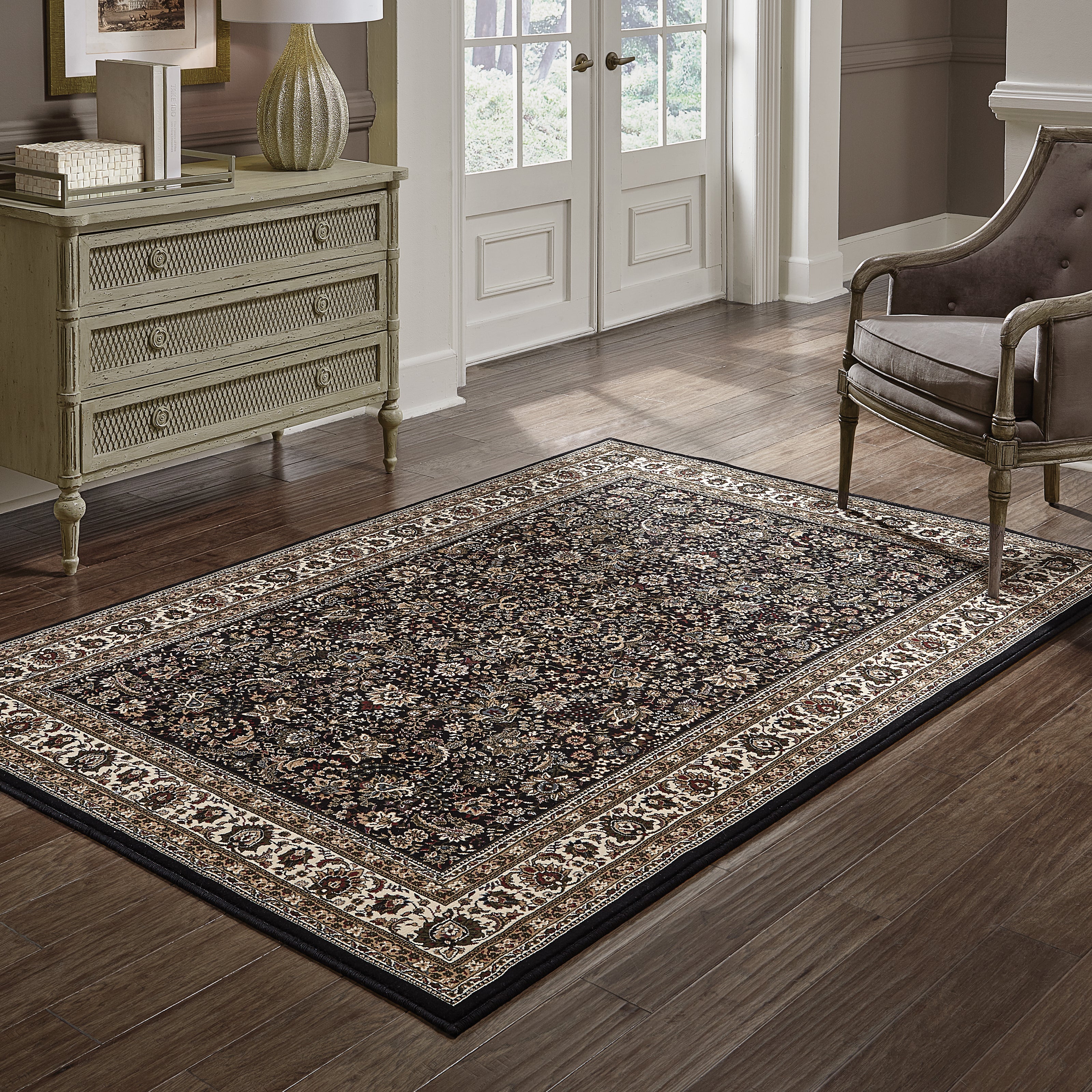 Ariana 213K8 Black/Ivory Area Rug, black ivory traditional oriental area rug with dramatic contrast and crisp detailed pattern.