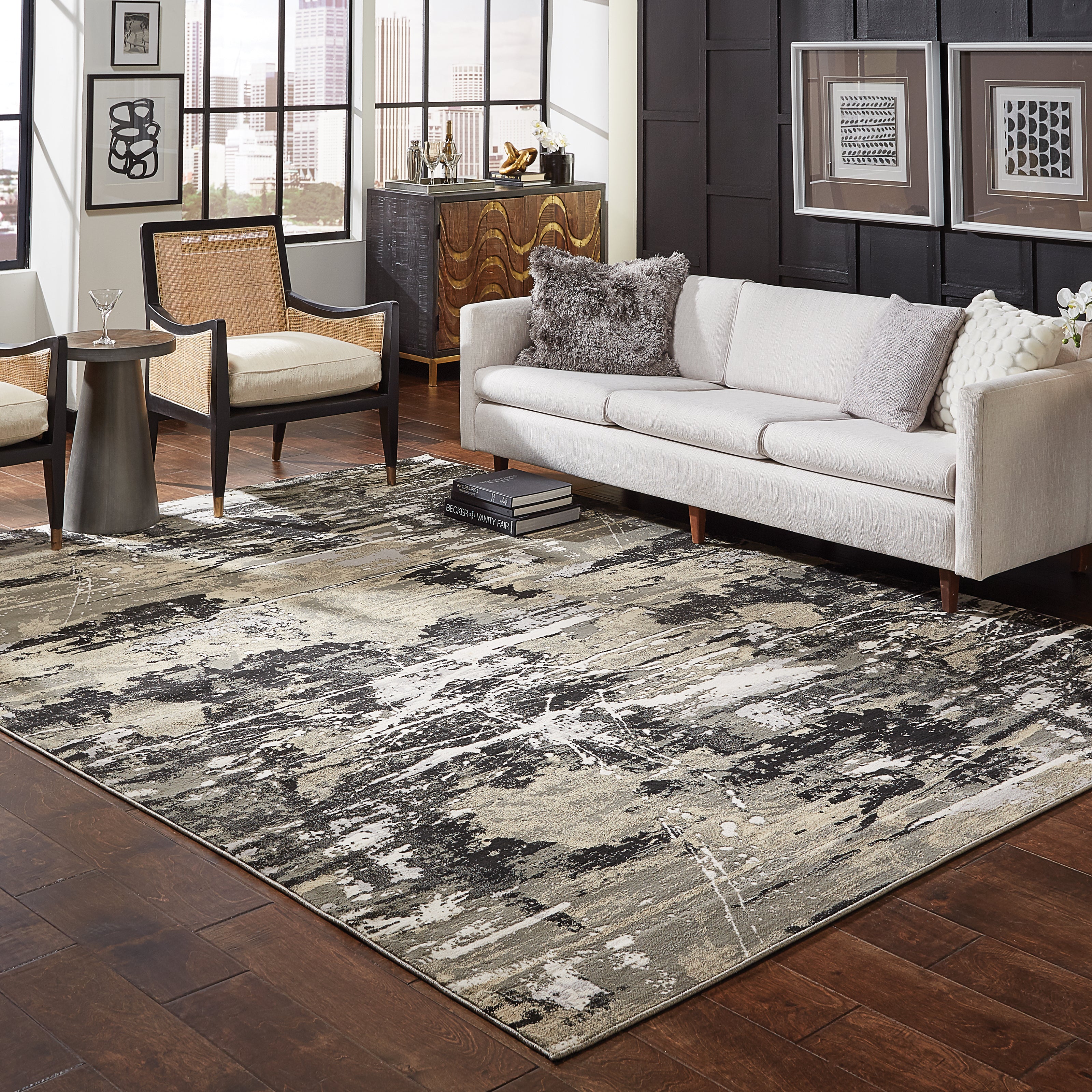 Oriental Weavers Bowen 109E2 soft transitional rug featuring textured design in black/ gold tones