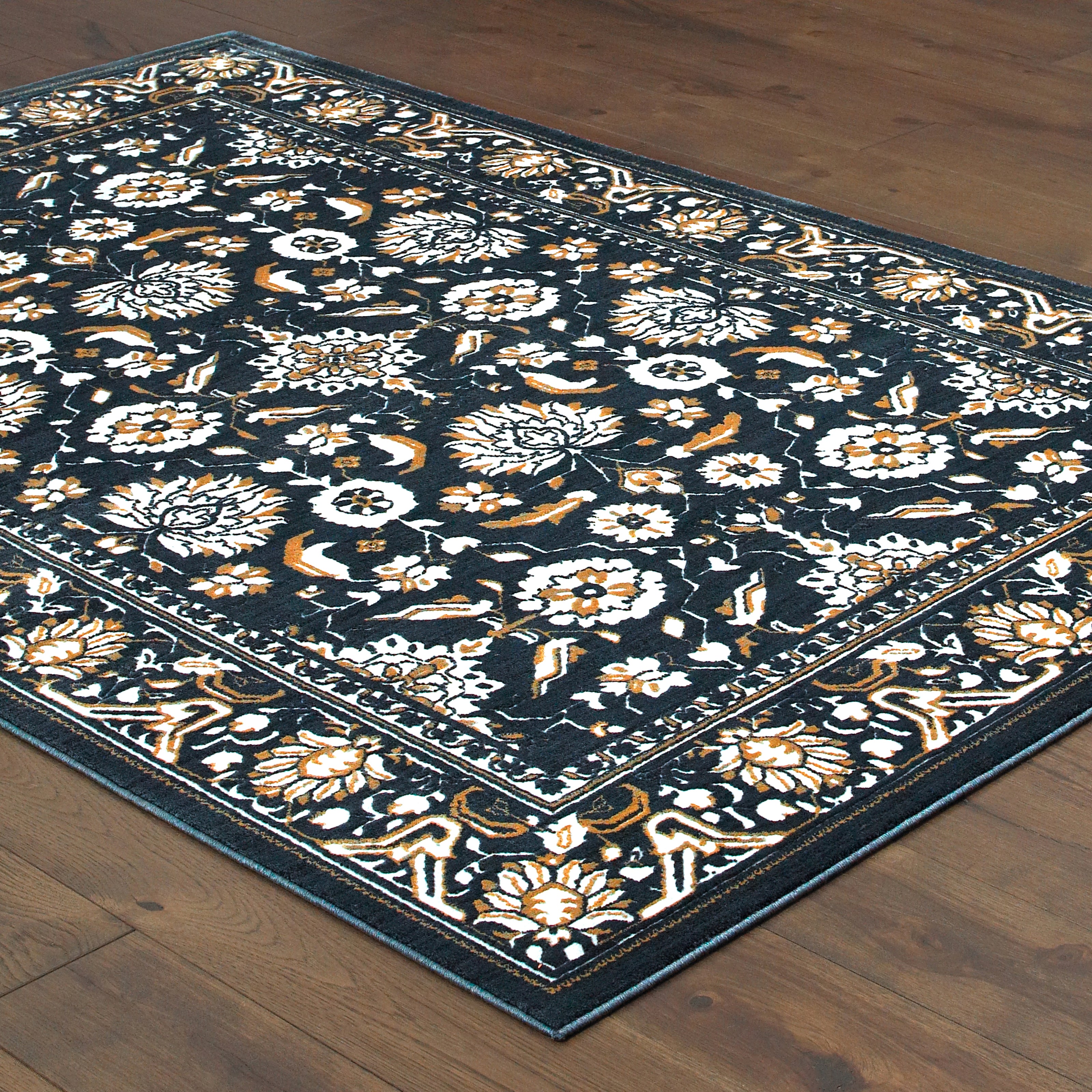 Oriental Weavers Bowen 534L2 soft transitional rug featuring textured design in navy/ gold tones